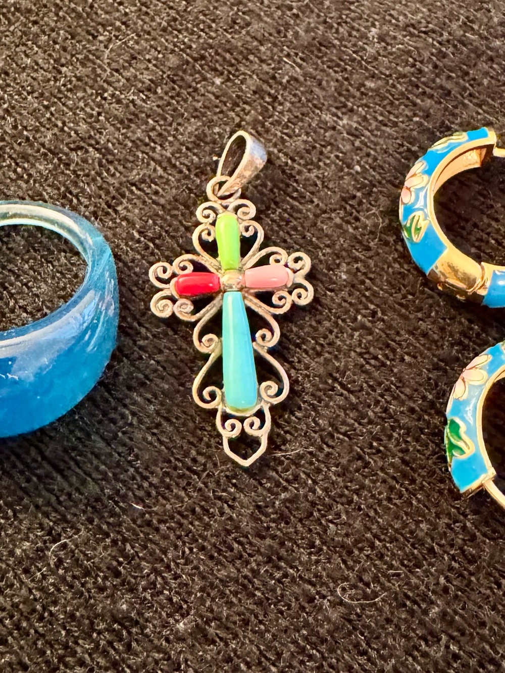 Sterling silver colorful cross + blue enamel jewelry lot